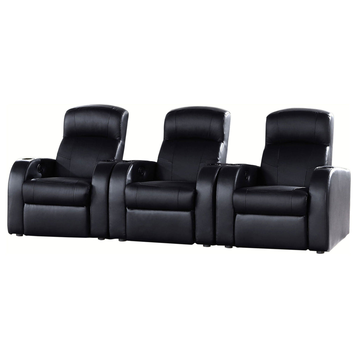 Home Theater Seating, 3-Piece in Black Top Grain Leather