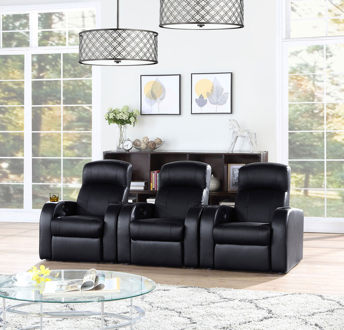 Home Theater Seating, 3-Piece in Black Top Grain Leather