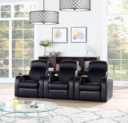 Home Theater Seating, 3-Piece in Black Top Grain Leather