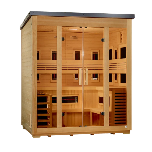 Outdoor Hybrid Sauna for 5 People in Hemlock with Flat Roof